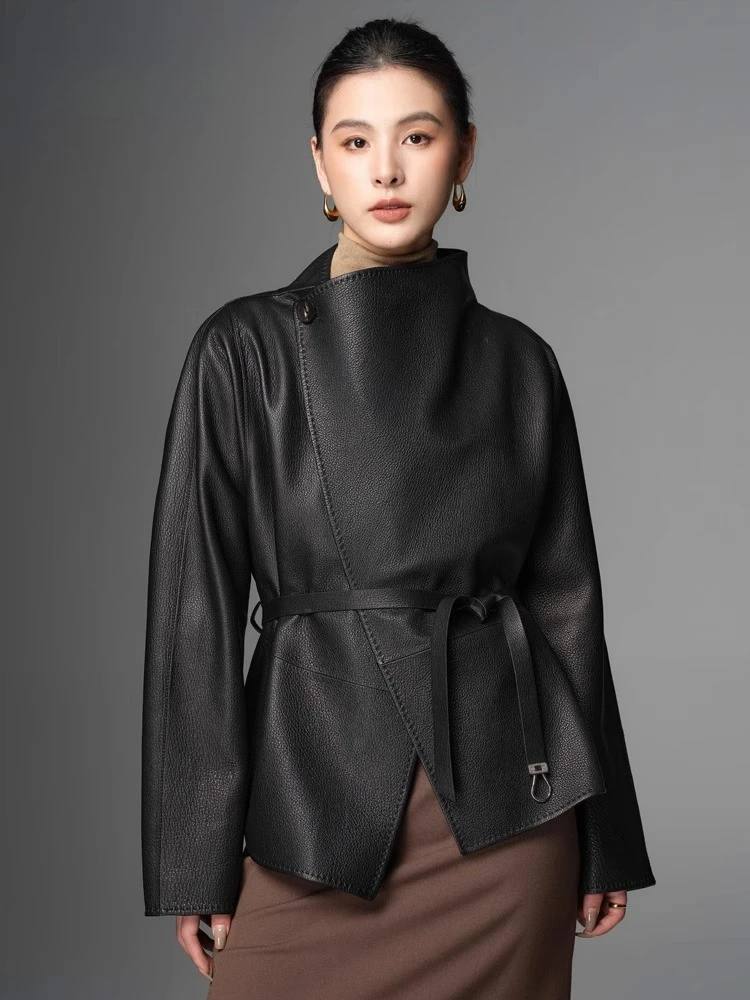 

Genuine Leather Jackets for Women Autumn Winter High-end Simple Stand Collar Deer-patterned Real Goatskin Leather Coat with Belt