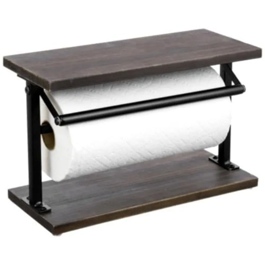 

Kitchen Countertop Paper Towel Holder and Condiment Display Shelf Rack, Rustic and Metal Towel Dispenser with Top Shelf for Bat