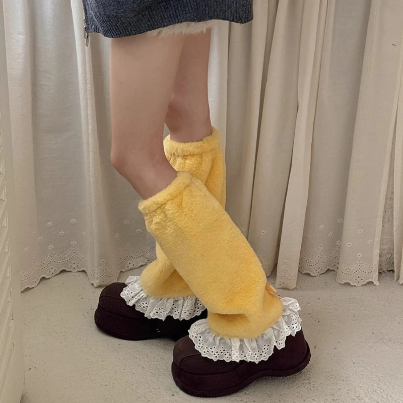 Beinlinge Fuß Abdeckung Herbst Winter Plüsch Bein Abdeckung Süße Mädchen Lolita Spitze Bogen Knie Socken Winter Verdicken Beinlinge Strümpfe