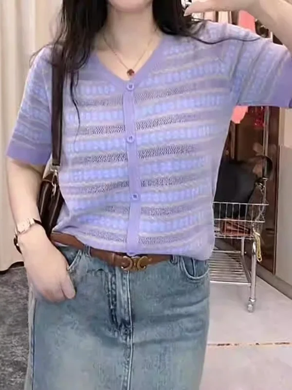 

Летний новый свободный вязаный топ большого размера с V-образным вырезом для женщин, утягивающий, скрывающий живот, в полоску, футболка для полных женщин