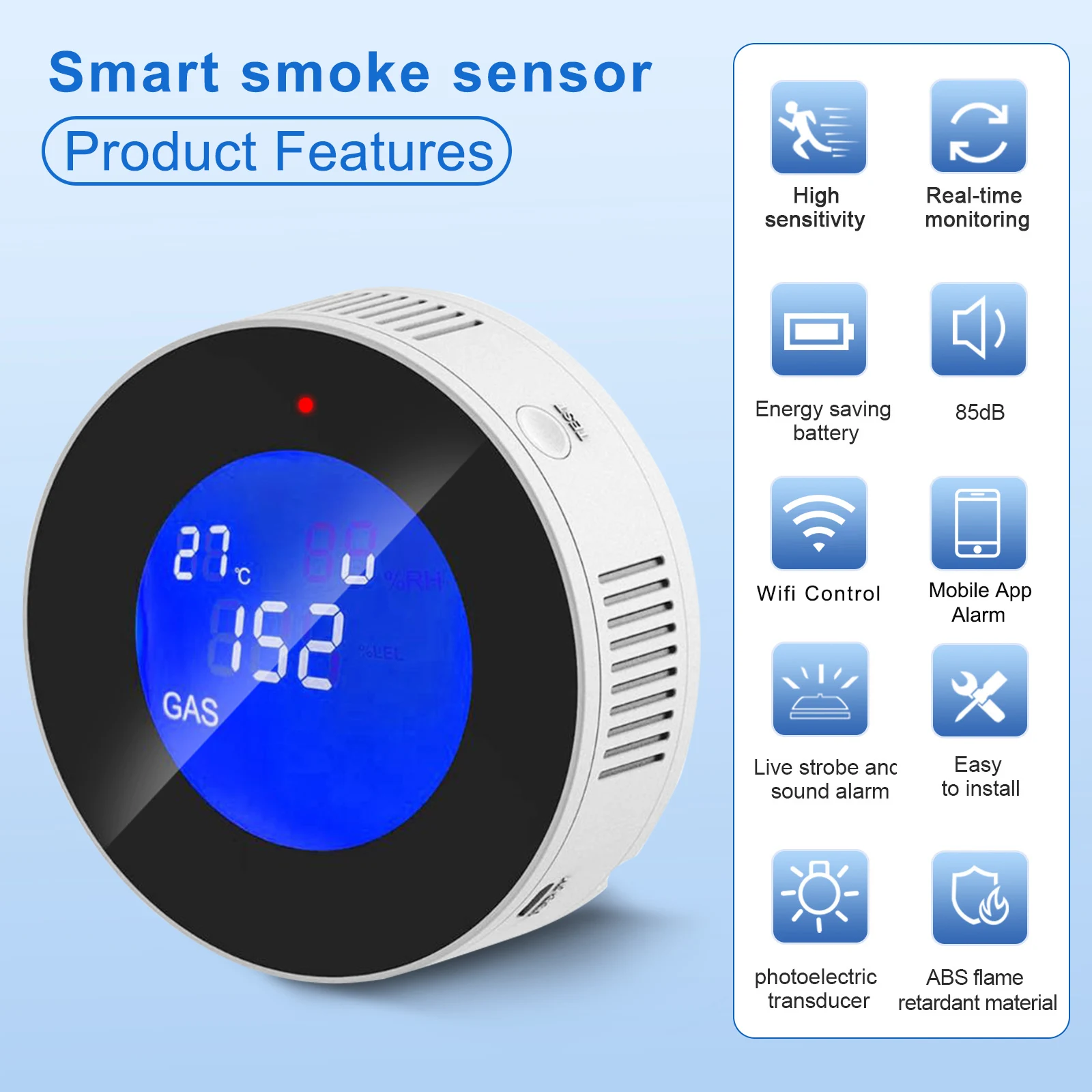 Rilevatore di gas domestico wireless intelligente TuyaWiFi con display a LED Allarme perdite di gas