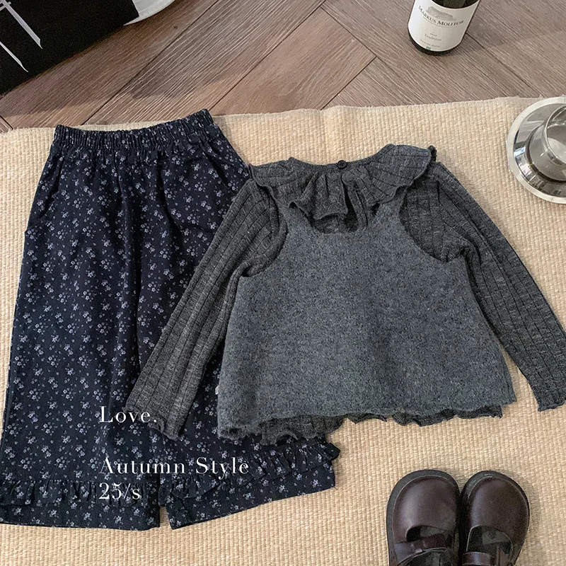 Girls' Knitted Vest Autumn Children's Clothing Lace Doll Collar Top Base Coat Wide Leg Pants Three Piece Set
