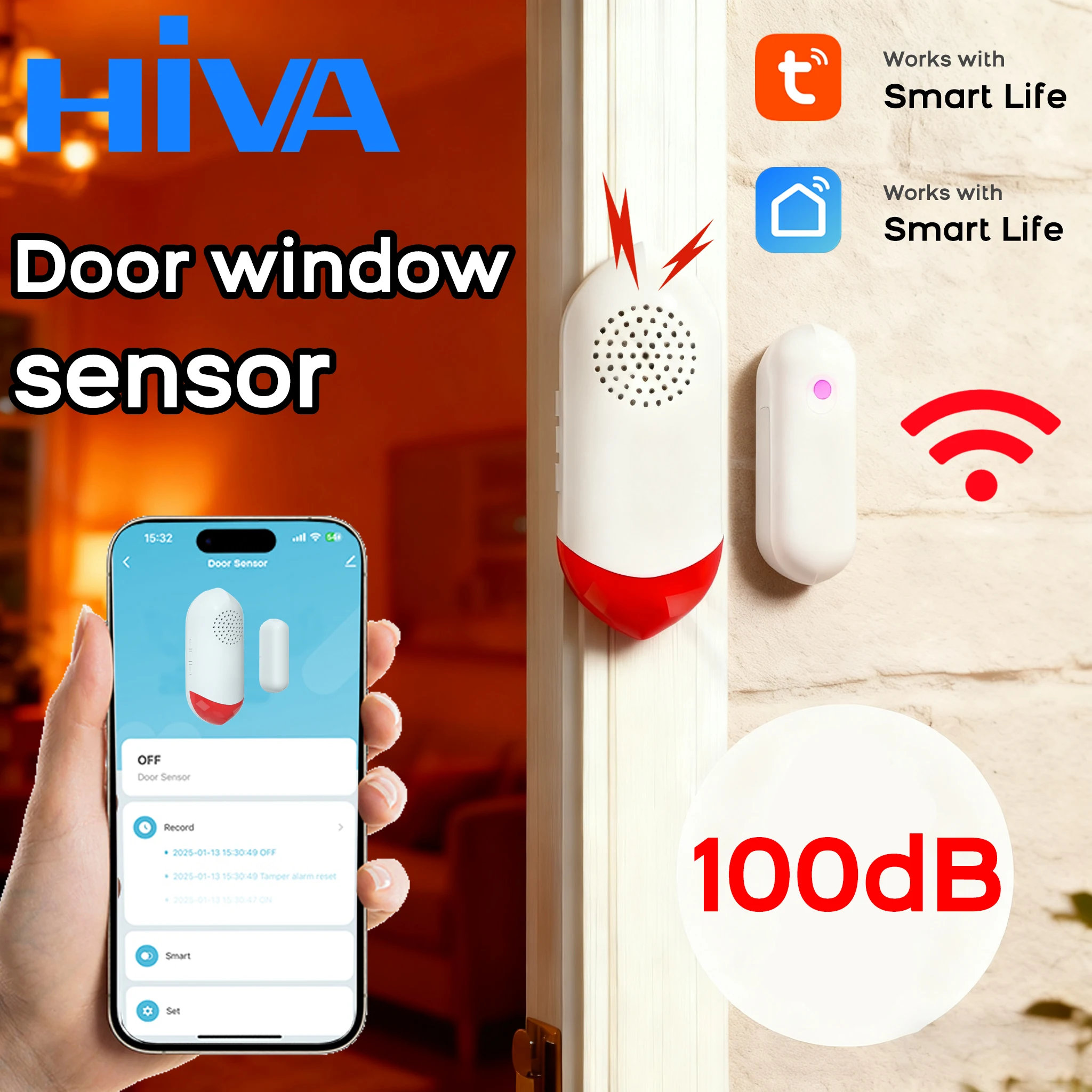 

Tuya Smart WiFi Door Window Sensor 100dB Siren LED Flashing Light Smart Life App Control Wireless Home Safety Security Alarm 