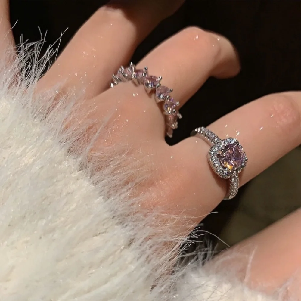 Französischer Retro-Ring mit rosa Imitationskristallen und Zirkonia, silberfarbenes Herz, verstellbarer Damenring, trendiger Schmuck, Accessoires – Detail 1