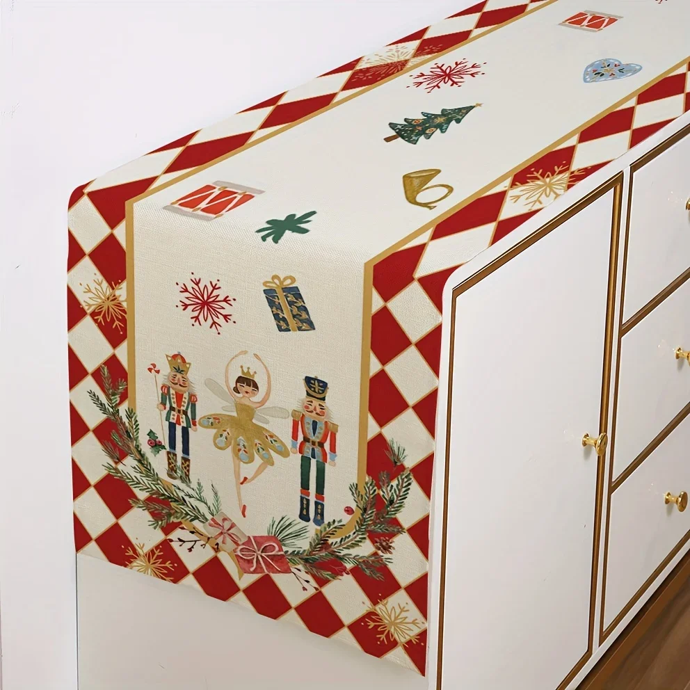 1Pc Christmas Nutcracker And Ballerina Style Table Runner Red And White With Gold Accents Festive Holiday Print With Wreath And