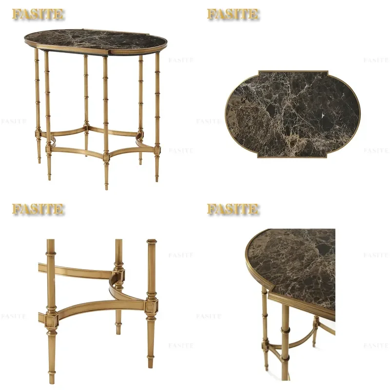 For British Neoclassical Special Shaped Marble Small Coffee Table Copper Edge Light Luxury Model Room Corner