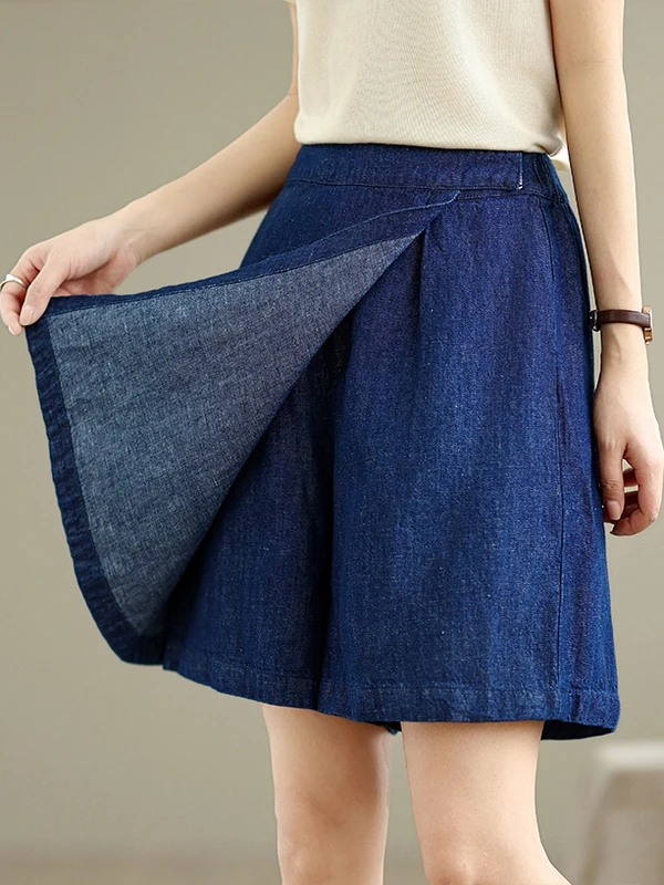 

Корейские джинсовые брюки с высокой талией в стиле ретро, женские свободные утягивающие модные повседневные широкие брюки, летняя синяя юбка