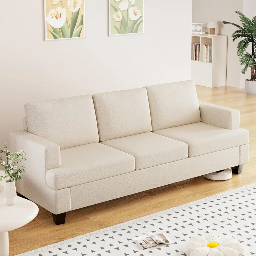 

85 inch Deep Seat Sofa, Modern 3 Seater Couch, Beige Linen Sofa, Comfy Cloud Couch for Living Room, Cozy Fluffy Sofas