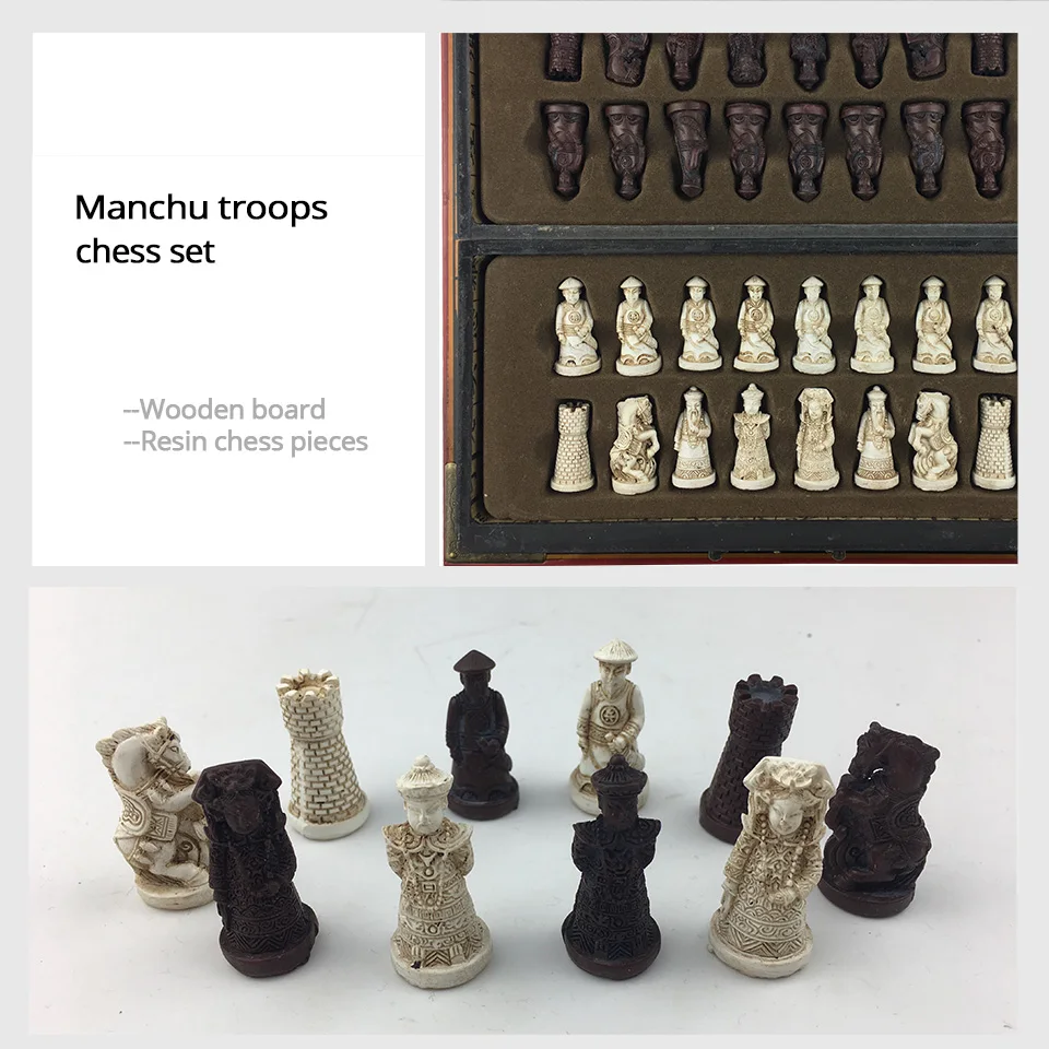 Conjunto de xadrez de madeira terra cotta guerreiros ou tropas manchu jogo de xadrez internacional peças de xadrez de resina cassete de madeira tabuleiro de xadrez 57