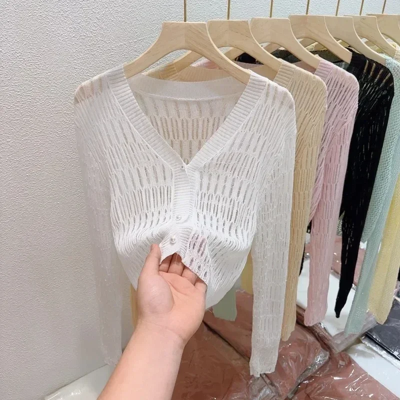 V-neck Ice Silk Knitted Cardigan Hollow Out Thin Crop Top Summer Sun Protection Shawl Women's Casual Shirt with Suspender Skirt