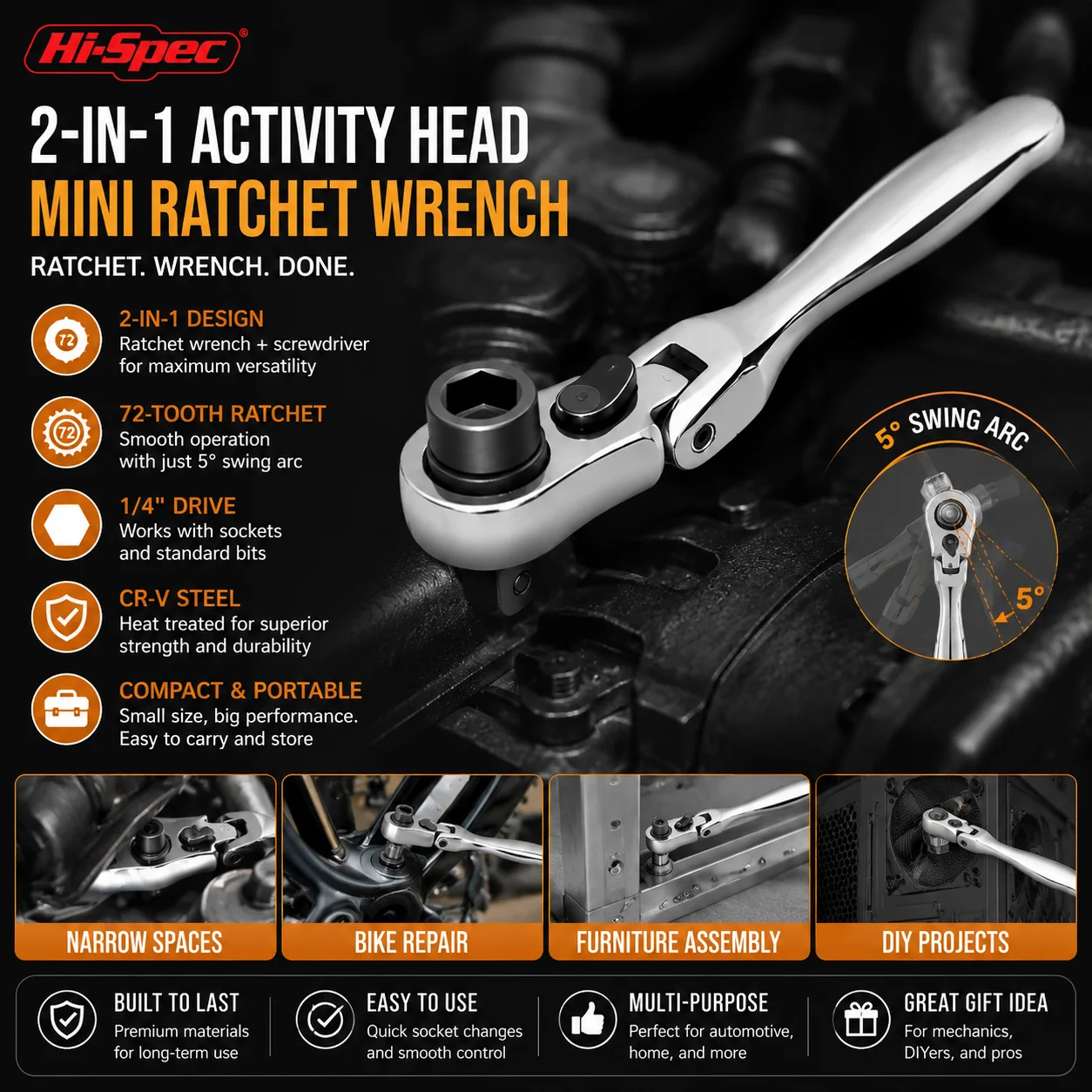 Hi-Spec 2-in-1 Mini Ratchet Wrench with Movable Head, CR-V Steel Double-Ended Repair Tool for Automotive and Home Use