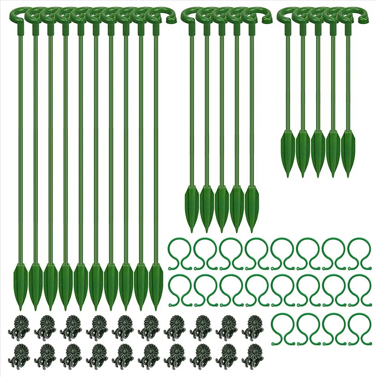 A75K 60Pcs Plant Supports Set - 20 Pack Flower Plant Stakes Sticks (3 Sizes), 20 Plant Support Clips and 20 Orchid Clips