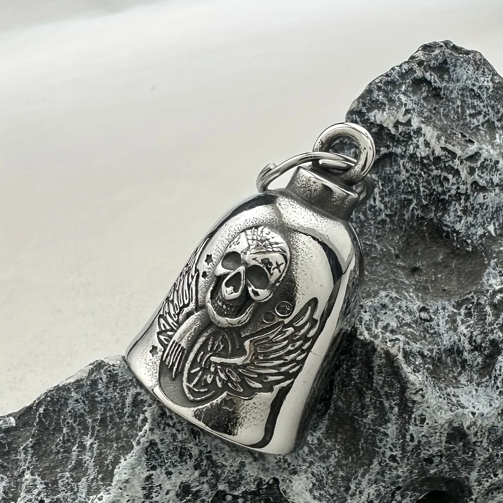 316L Stainless Steel Silver Riding Skeleton Exorcism Wing Bell Pendant Retro Hip-Hop Style Jewelry Accessory