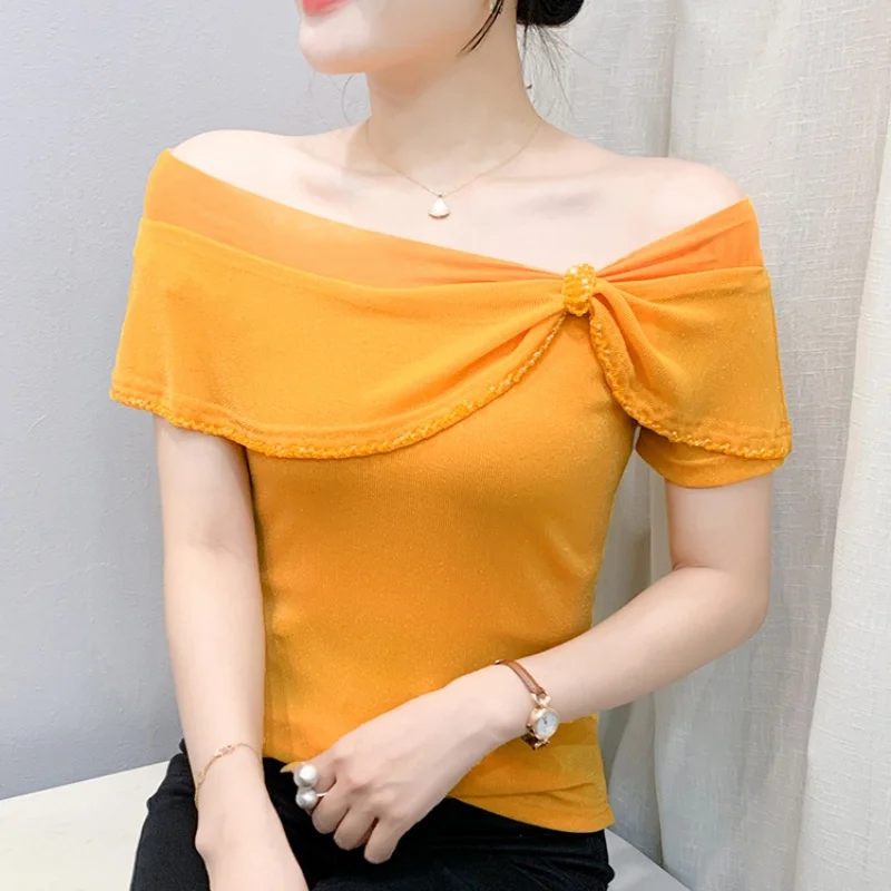 

New Elegant Chic Slash Neck Ruffles Beaded Slim Female Tees Fashion Office Ladies Casual Top Elastic Women's Mesh T-shirt