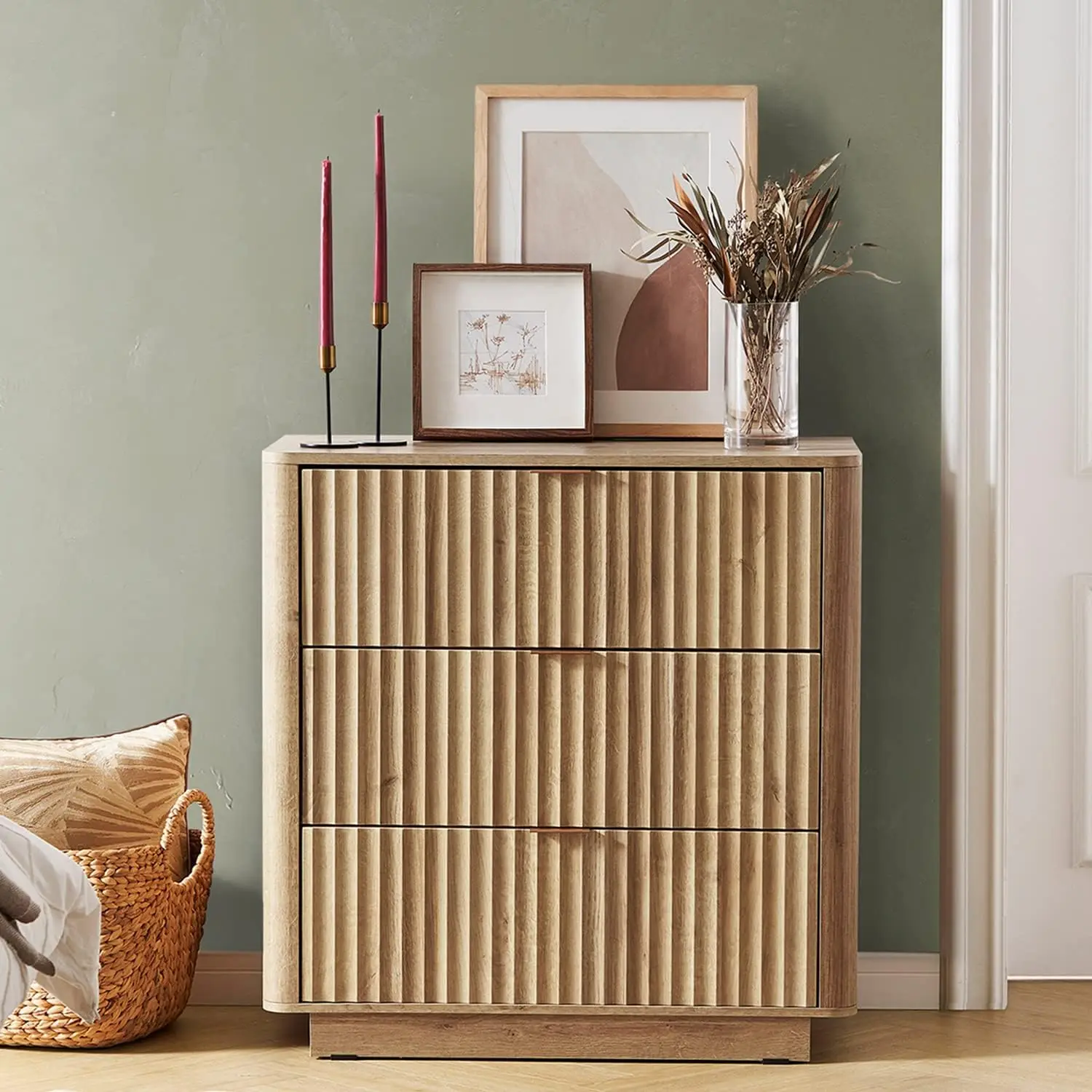 Brooklyn 3 Dresser for Bedroom, Mid Century Modern Chest of Drawers, Wood Tall Nightstand, Waveform Fluted Side Table