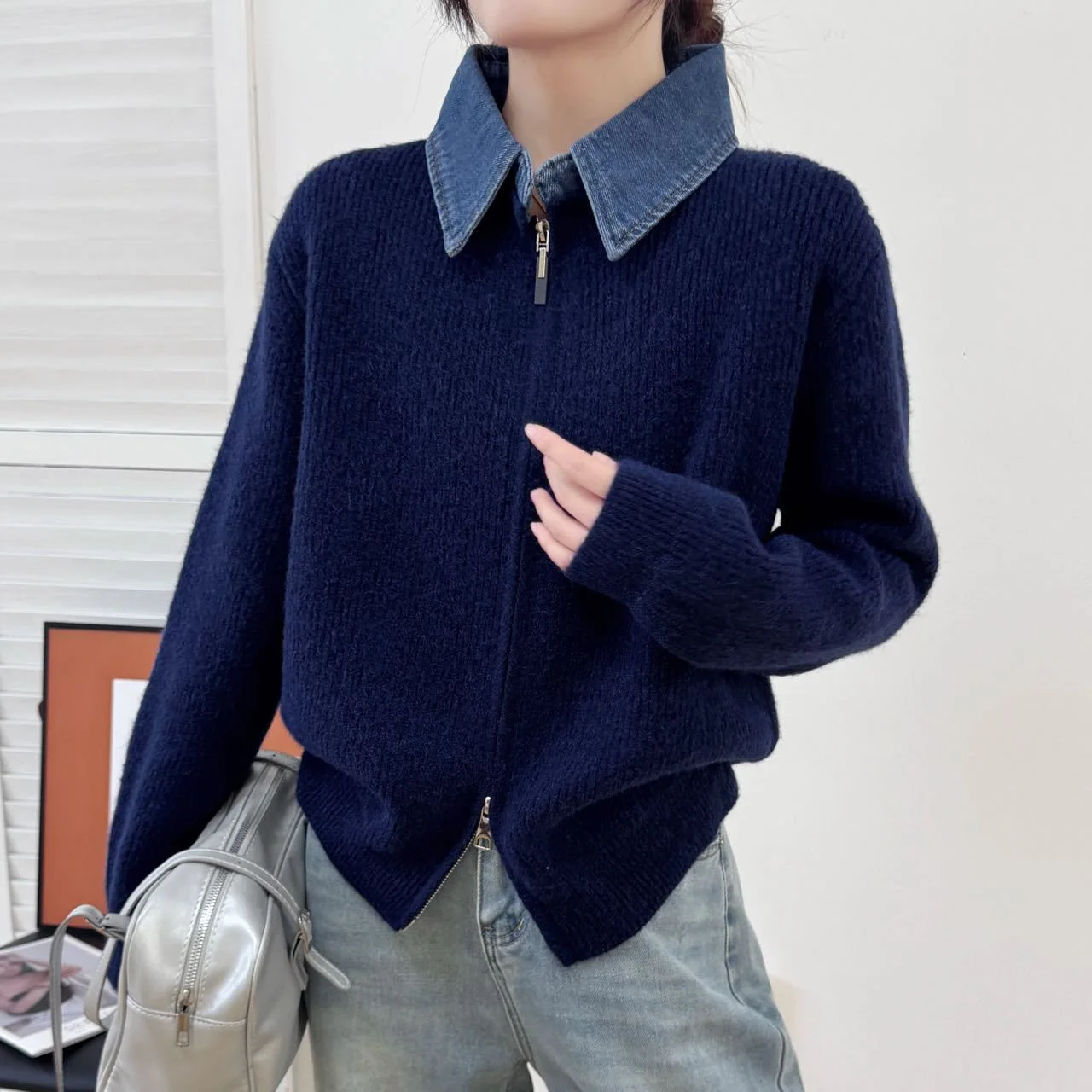 2026 Autumn and Winter New Fashion Denim Splicing Lapel Knitted Cardigan Loose Lazy Wind Solid Color Versatile Sweater Jacket