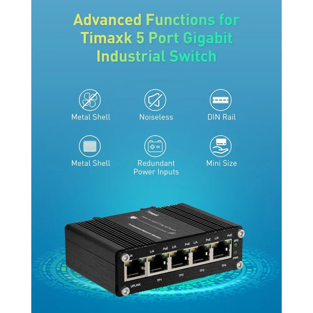 5-Ports Gigabit Solar PoE Switch for Industrial Use: Unmanaged Ethernet, IP40 Splitter,  for Solar/RV/VoIP