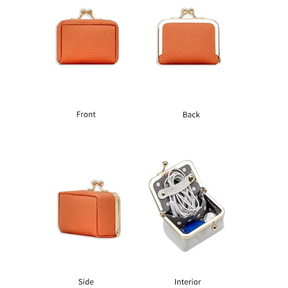 

Genuine Leather Kiss Lock Coin Purse Square Multifunctional Leather Jewelry Bag Mini Solid Color Small Item Bag Earphone