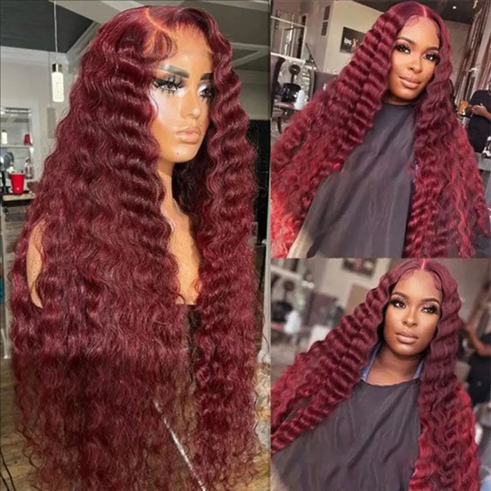 30 32 34Inch 99J Burgundy 180 Density Deep Wave 13x4 Lace Front Human Hair Wig 13x6 Red Curly Lace Frontal Wig Brazilian HD Wine