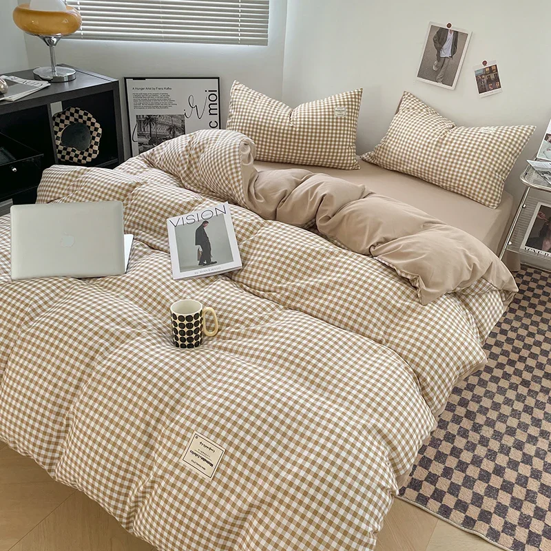 Japanese Style Check Queen Duvet Cover Set 1/3 Pcs Soft Washed Quilt Cover and Pillowcase or Only Quilt Covers Blanket Cover Set