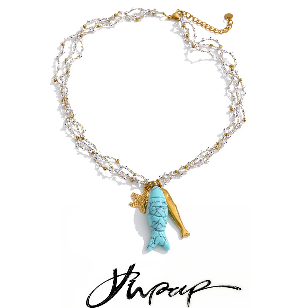 Yhpup Ocean Series Seilgeflochtene Kette mit blauem Türkis und Fisch-Seestern-Anhänger – Exklusiver Sommer-Charm-Halskettenschmuck