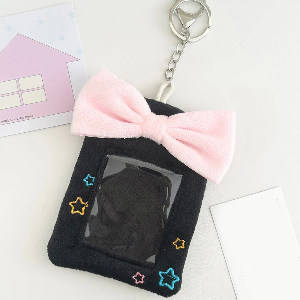 Cute Plush Photocard Holder Transparent Card Sleeve With Keychain For Girls Bowknot Decor Photo Protective Case Card Cover