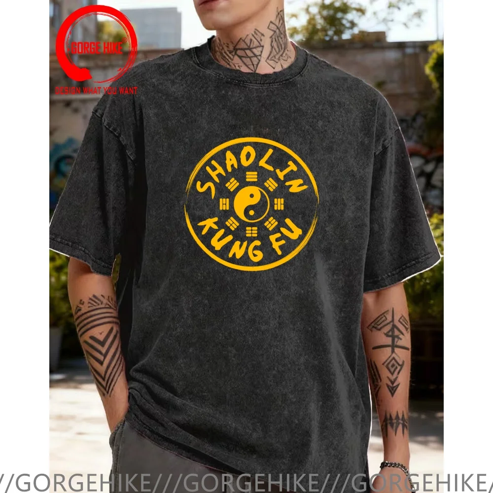 Vintage Washed Cotton T-Shirt Funny Designer Shaolin Kung Fu Martial Arts Tai Chi Circle  T Shirt Men Fashion Trendy Casual
