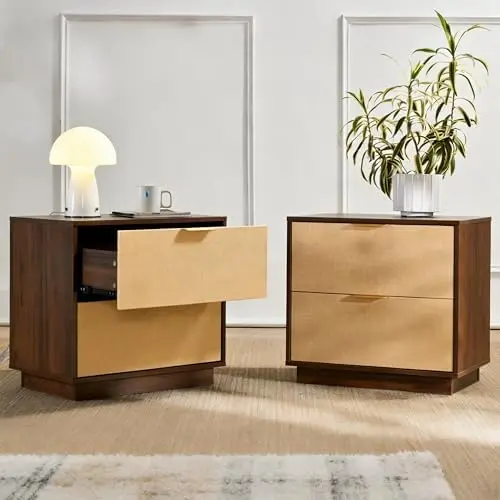 Saint Mossi Rattan Nightstands Set of 2 - Boho Bed Side Tables with 2 Storage Drawers, Mid Century Modern Sofa End