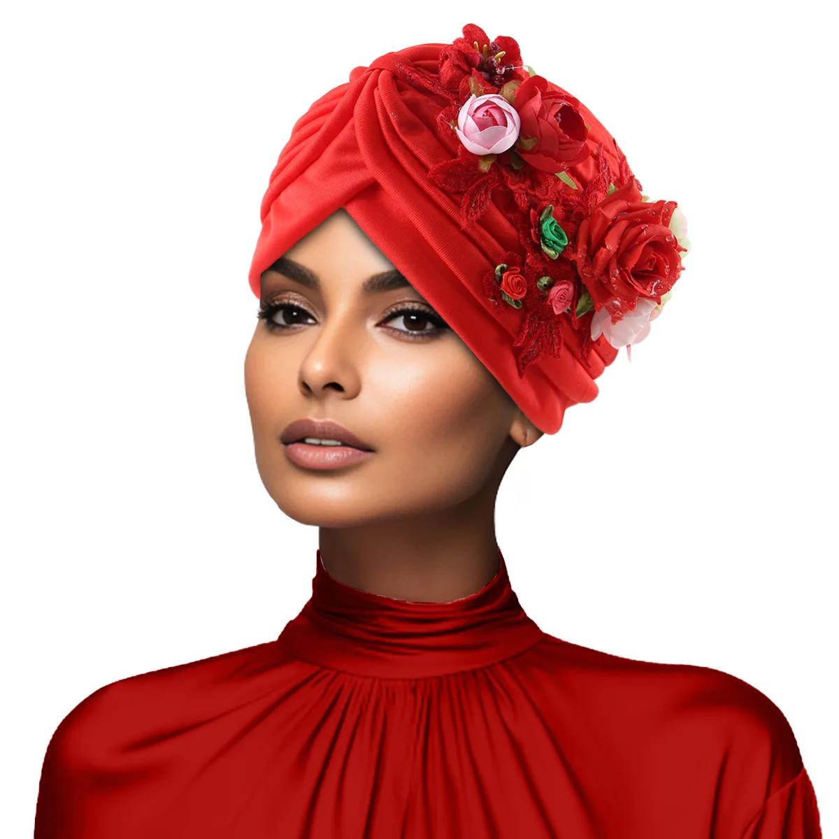 Flower Pleated Turban Cap Women Headscarf Bonnet Party Headwear Hat Turbante Hijab Muslim African Auto Geles Wedding Head Wrap
