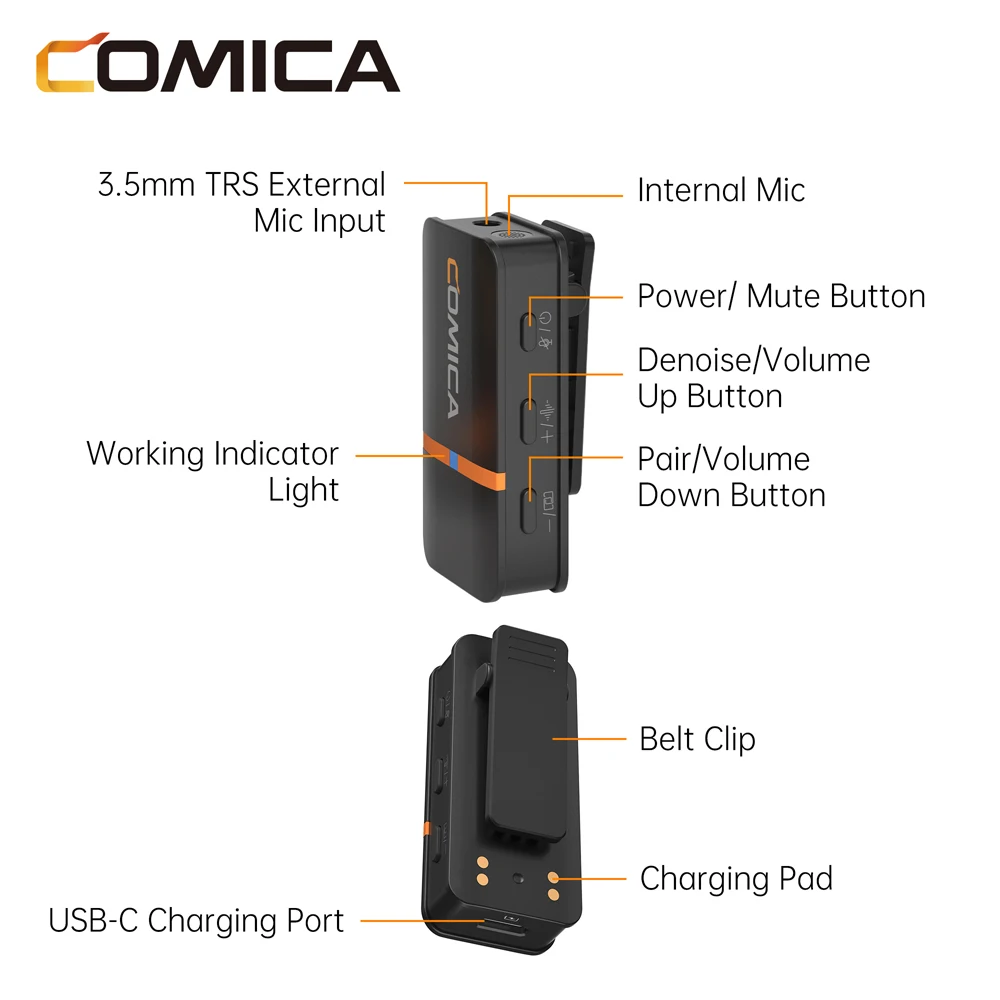 Imagem -04 - Comica-vimo q Mini Microfone sem Fio de Quatro Canais Microfone Portátil Mini Portátil 2.48khz Gravação de 24bit