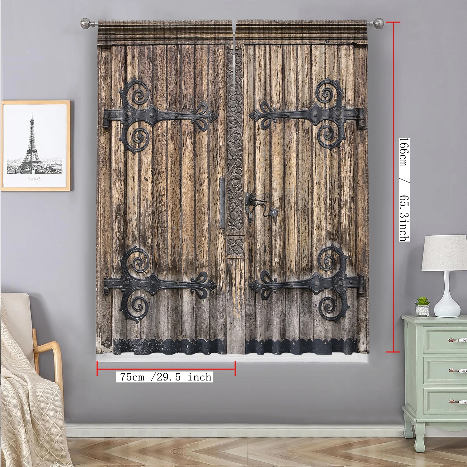 2PC Home Decoration Curtains, Retro Wooden Doors With Rod Pocket Curtains, Suitable For Kitchens, Cafes, Living Rooms, Balconies