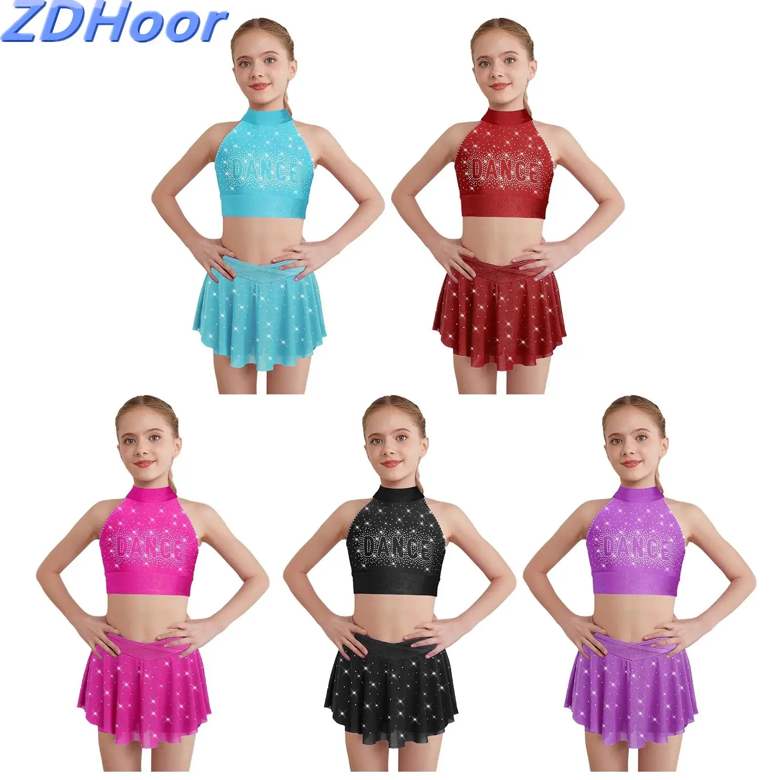 

Kids Girls Backless Dance Sets Halter Glittery Rhinestones Crop Top with V-Front Elastic Waistband Sheer Mesh Skirt