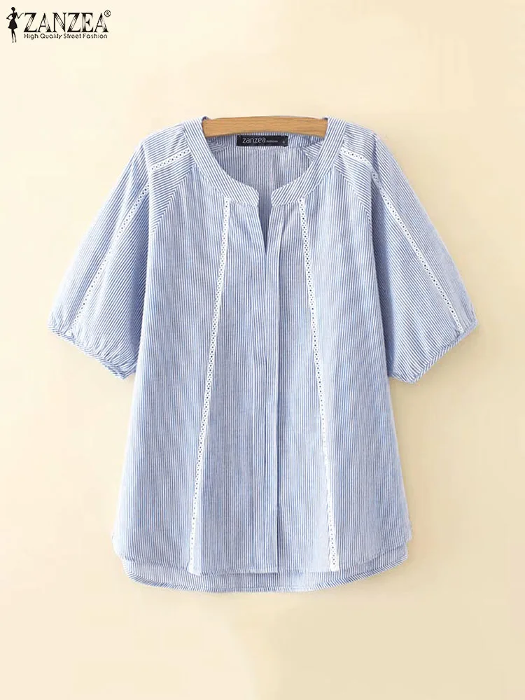 

2024 ZANZEA Summer Lace Crochet Shirt Women Elegant Work Blouse Casual V Neck Short Sleeve Blusas Stripe Patchwork Tops Tunic