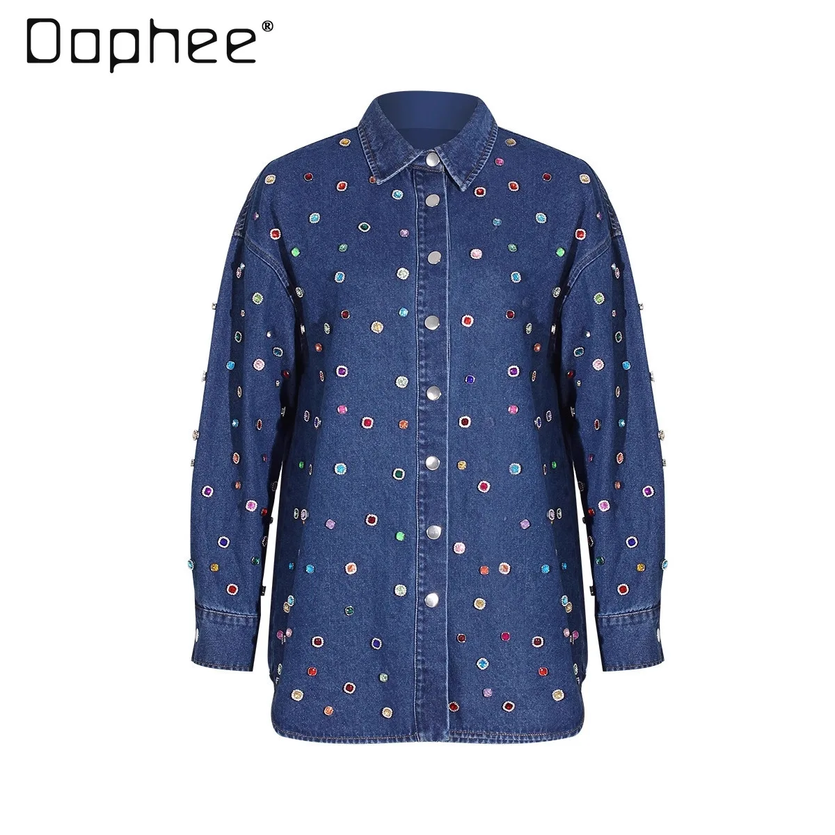 

Street Personality Denim Two-Piece Set Heavy Beading Long Sleeve Jacket Pants Set Women Loose Versatile Long Sleeve Shirt Sets