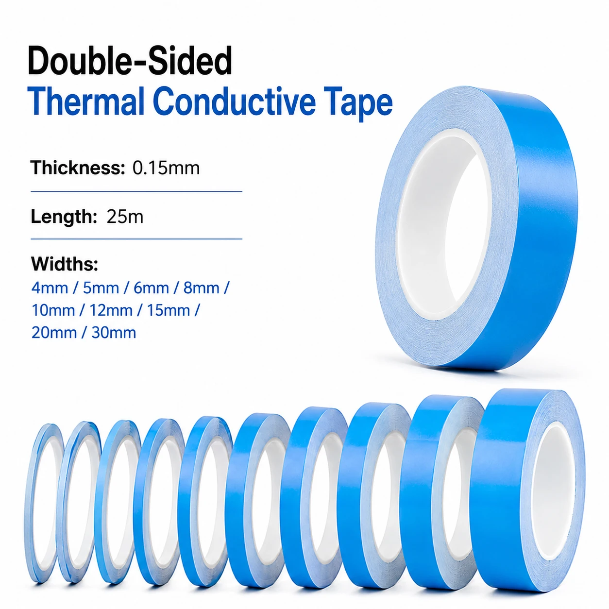 1-5 Rolls 25m Double-Sided Thermal Conductive Tape, 5-30mm Blue Heat Dissipation Tape for LED CPU Heatsink & Electronic Cooling