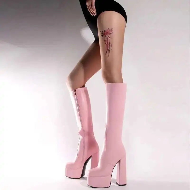 Màu Hồng Gợi Cảm Đầu Gối Giày Cao Nền Tảng Giày Cho Nữ Giày Nữ 2022 Mới Mùa Đông Thương Hiệu Vuông Cao Gót Punk Giày botas De Mujer