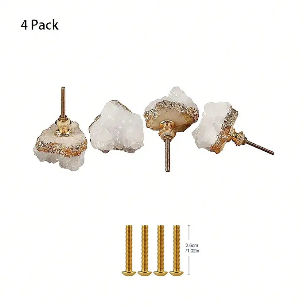 4 Pack Crystal Stone Cabinet Knobs, Quartz  Gold-Plated Handles, Natural Gemstone Cupboard Drawer Pulls For Home Office.