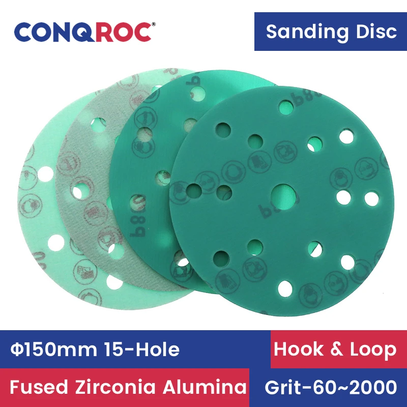 

150mm 15-Hole Sanding Discs Fused Alumina Zirconia Polyester Film Hook & Loop Dry and Wet Sandpapers 100-Piece Grit P60~2000