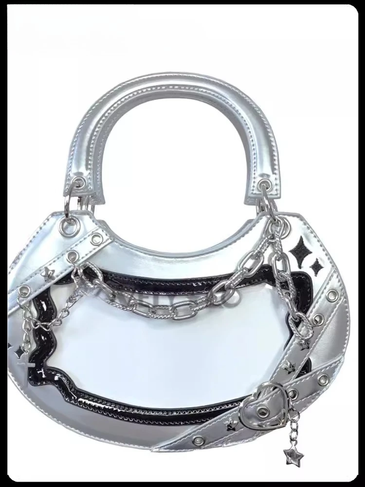 2025 New Original Crescent-shaped Subculture Y2K Spice Girl Small Food Pain Bag PU Material Black and Purple Oblique Span Bag