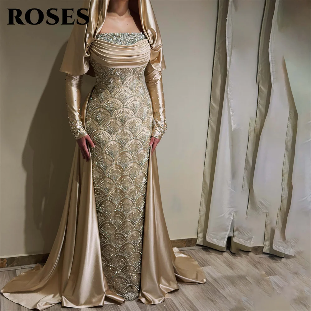 ROSES Champagne Long Sleeve Prom Dress Heavy Beaded Embroidery Satin Evening Dress Mermaid Party Dress Robe De Soirée Customized