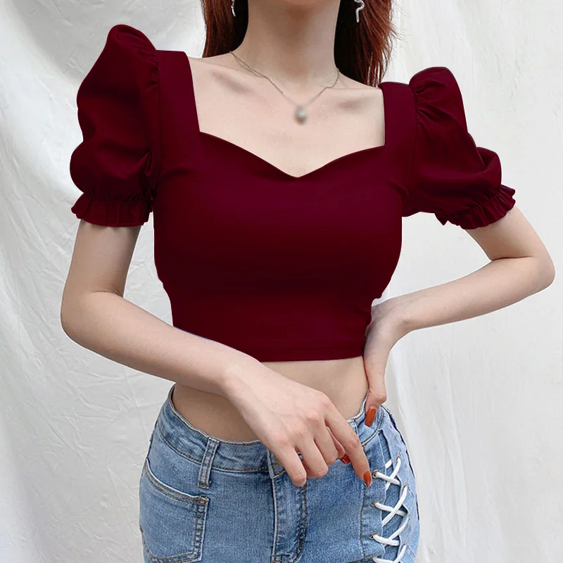 Women Crop Top Puff Short Sleeve Square Collar Vintage Style Ladies Solid Color Puff Sleeves Pullover Tee