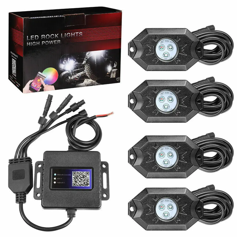 Updated RGB LED Rock Lights 4-Pods Music Offroad Wireless Bluetooth ATV UTV Boat