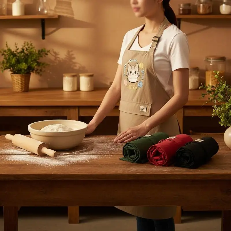 Embroidered Cat Kitchen Apron Waterproof Oil-Proof Adjustable Neck Straps for Home Baking Cooking Grilling Use