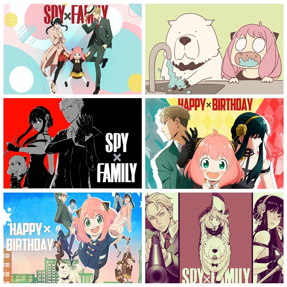 Anime Birthday Party Backdrop Background Vinyl Polyester Spy Theme HD Print Pink Hair Family Anya Look Teens Adults Photo Booth