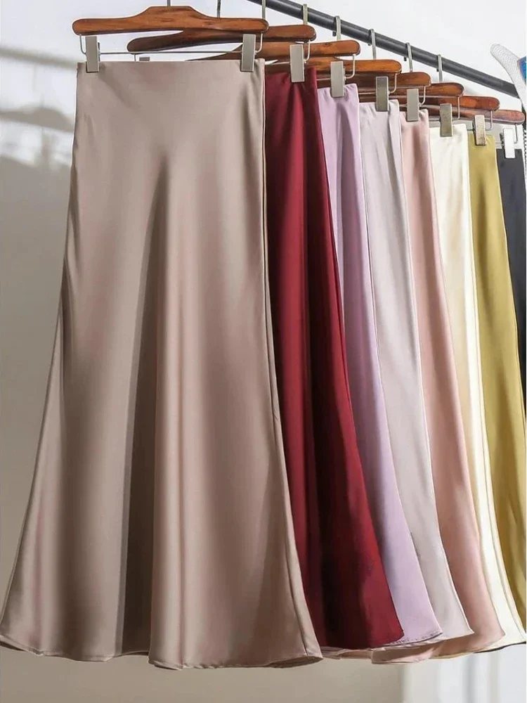 

Women's Long Skirt 2024 New Fashion Satin Skirt Office Lady Elastic Waist Champagne Temperament Elegant A-LINE Skirt for Women