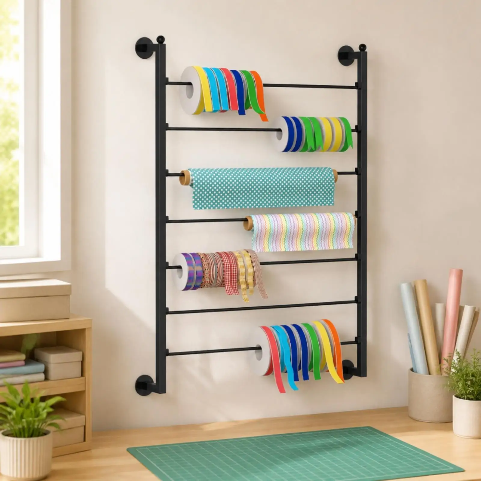 Seven-Tier Wall-Mounted Storage and Display Rack Versatile Carbon Steel Wall Rack with Seven Tiers Ribbon Holder Space-Saving