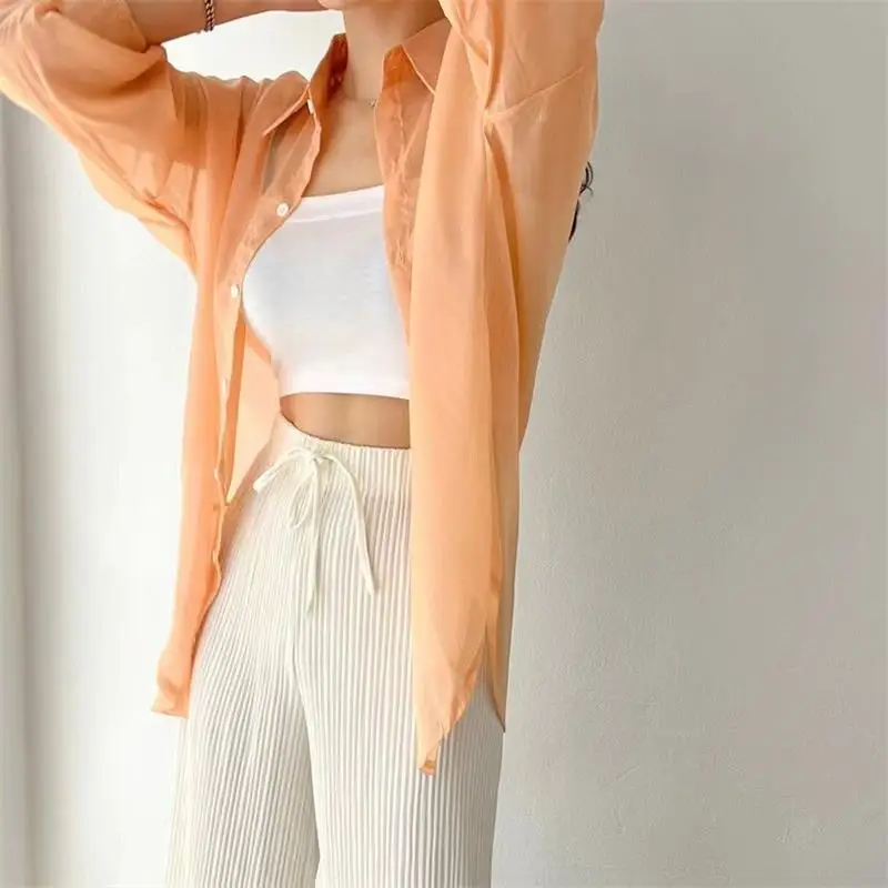 7 Colors Shirts Women Sheer Thin Chic Summer Simple Solid Sun-proof Tops Fashion Baggy All-match Basic Korean Style Sexy Clothes