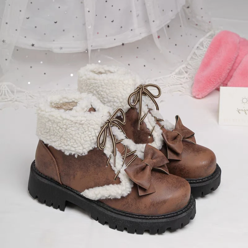 Women\'s Lolita Bowknot Short Ankle Boots, JK Uniform Street Fashion Faux Fur Motorcycle Booties Winter Platform Lace Up Shoes