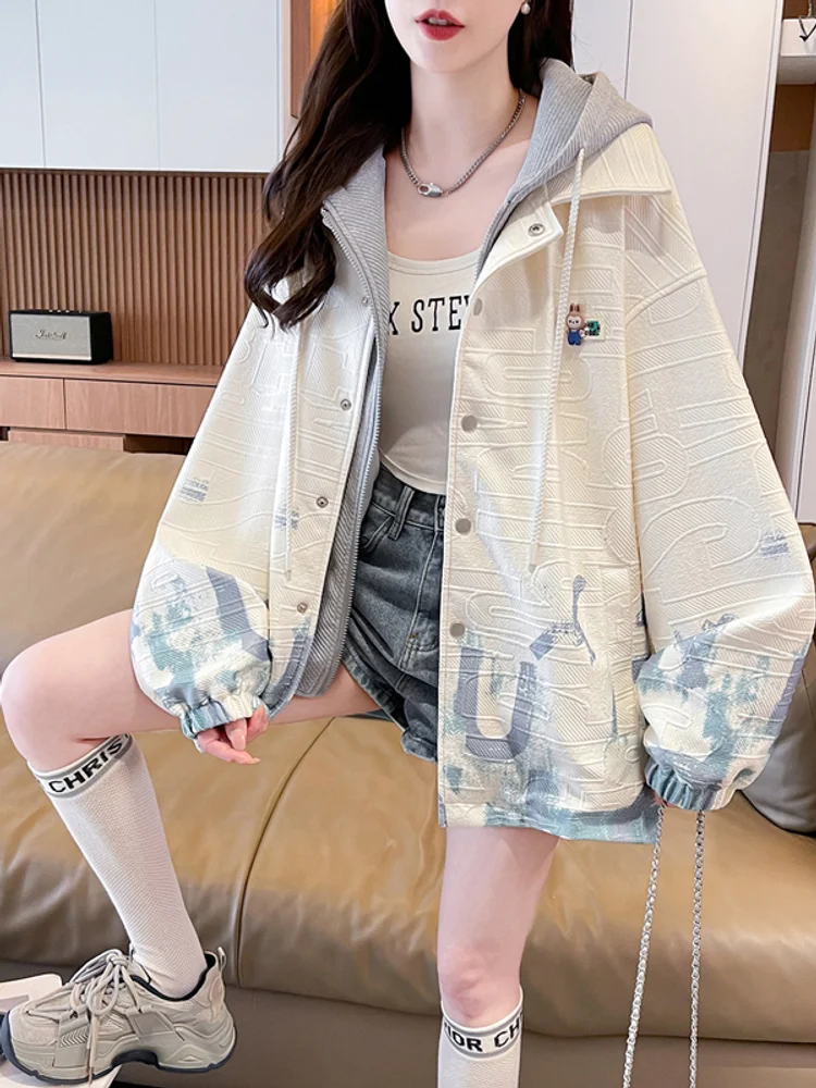 Retro Academy Youth Sports Style Gradient Blue Sweet Casual Comfortable Splicing Printed Fashionable Alphabet Zipper Hoodie Coat