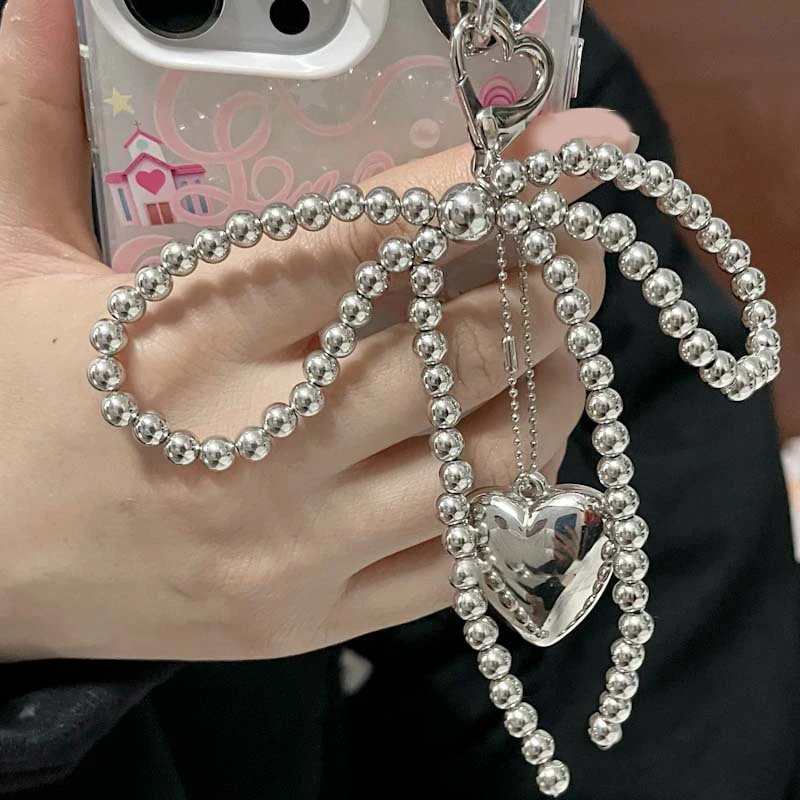 Korean Cute Bow Pearl Phone Pendant Chain Y2K Heart Charm Strap Phone Accessories For Phone Camera Bag Keychain Airpods